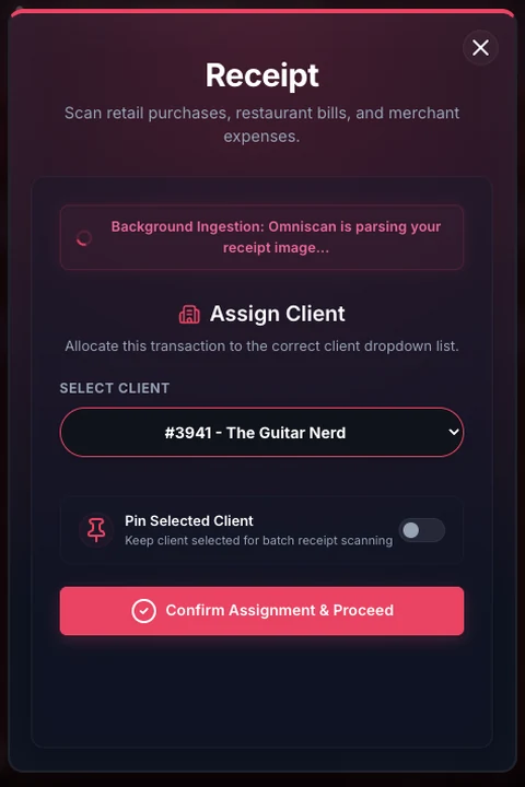 The same screen after the drop, in Global Office: Sync: a list to pick which client the receipt belongs to, with a line across the top saying it's already being read in the background