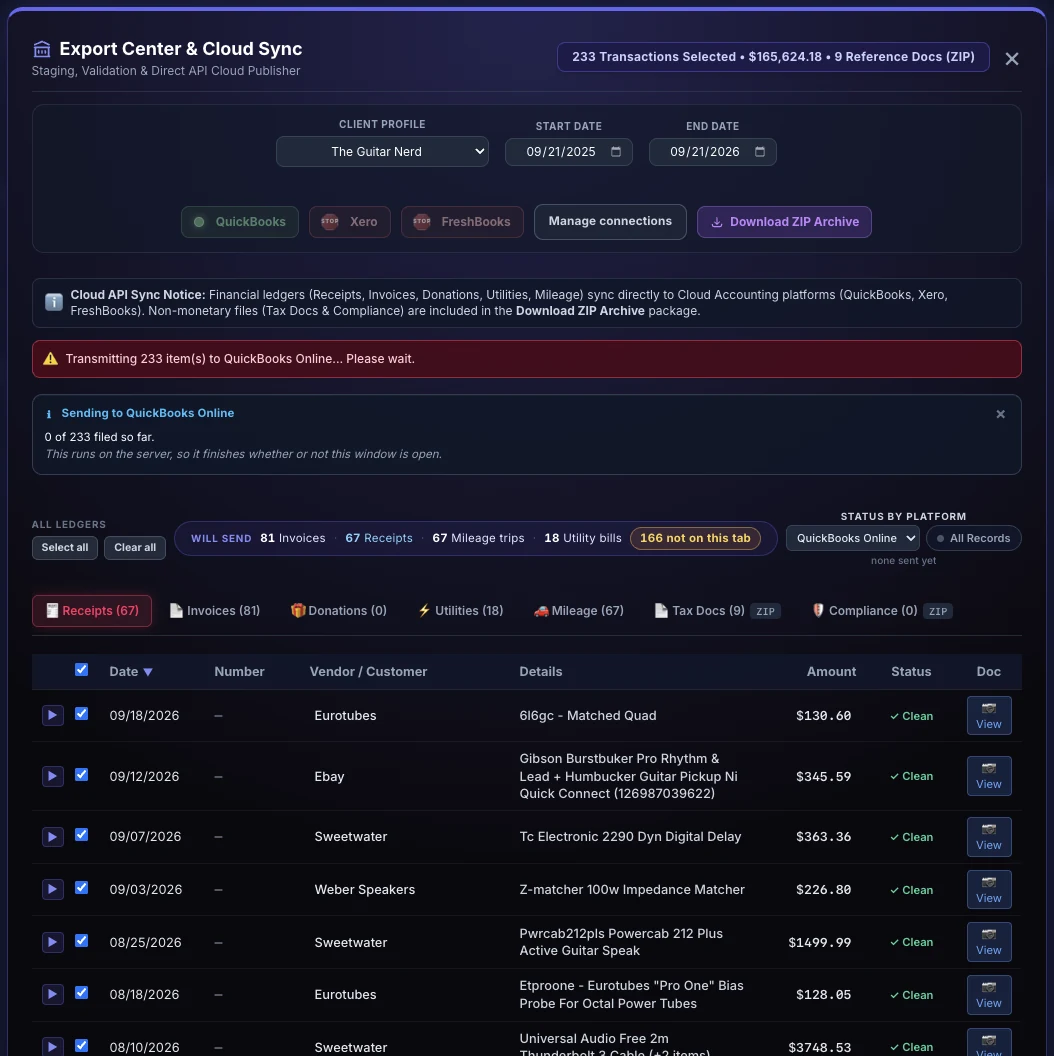 The same screen while it sends: transmitting 233 items to QuickBooks Online, 0 of 233 filed so far, and a note that it runs on the server, so it finishes whether or not the window is open