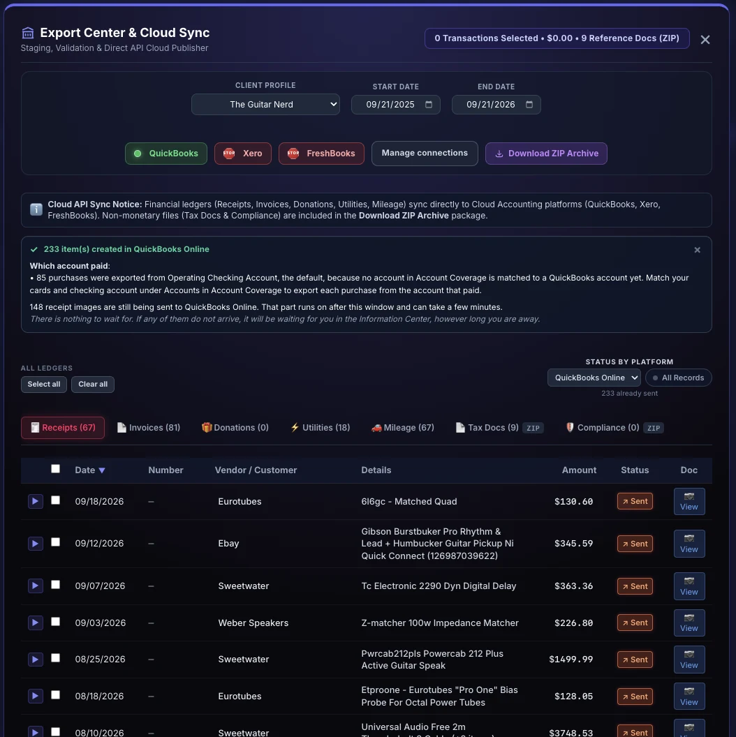 The same screen when it's done: 233 items created in QuickBooks Online, a note on which account paid for 85 purchases and how to match the cards so each one posts from the account that paid, 148 receipt images still on their way, and every row marked Sent