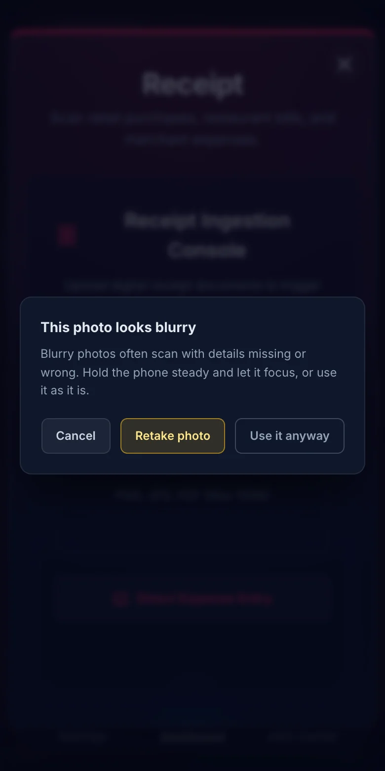 The Receipt scanner on a phone after a blurry photo: a box saying This photo looks blurry, that blurry photos often scan with details missing or wrong, with Cancel, Retake photo and Use it anyway buttons