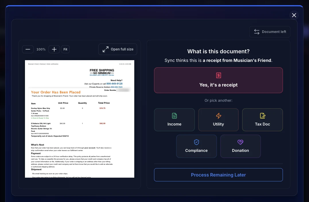 What is this document? with a Musician's Friend order beside it: Sync thinks this is a receipt from Musician's Friend, a large Yes, it's a receipt button, and Income, Utility, Tax Doc, Compliance and Donation below it, then Process Remaining Later