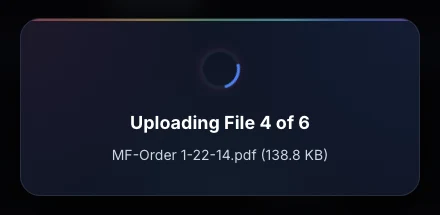 A progress card over the app: Uploading File 4 of 6, with the name and size of the PDF going in