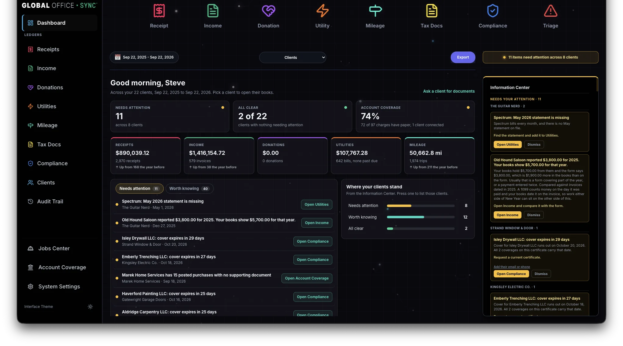 The Receipts ledger with one row selected and its full record open alongside