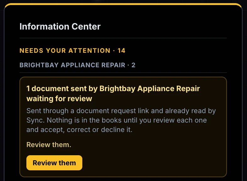 The Information Center card: 1 document sent by Brightbay Appliance Repair waiting for review, already read by Sync, nothing in the books until each one is reviewed and accepted, corrected or declined, with a Review them button and no Dismiss