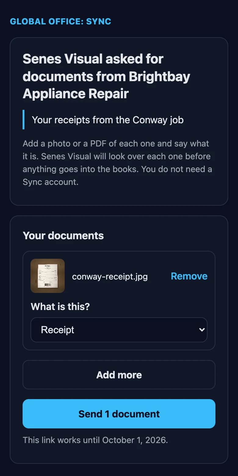 The client's page on a phone: Senes Visual asked for documents from Brightbay Appliance Repair, the note Your receipts from the Conway job, one receipt photo added and marked as a receipt, a Send 1 document button, and the date the link stops working
