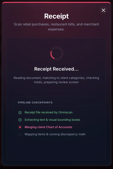 The same screen a moment later, reading the document: pipeline checkpoints ticking off as it receives the file, extracts the text, merges the client's chart of accounts and maps the line items